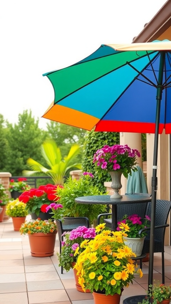 Colorful patio with potted plants and a vibrant umbrella.