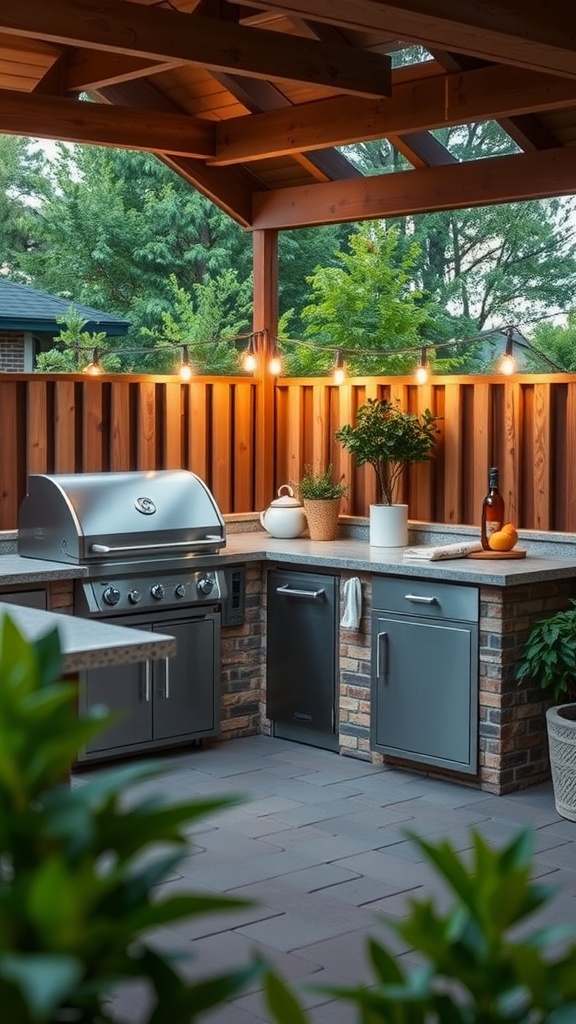 An outdoor kitchen featuring a modern layout with a pizza oven, built-in sink, and a central bar area, all under a gazebo with soft lighting.