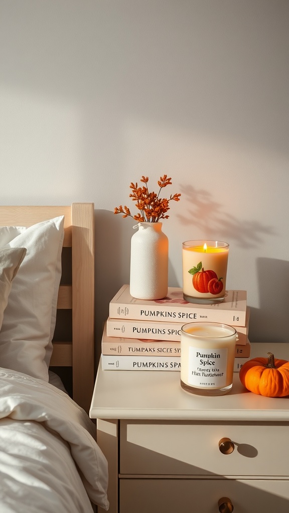 A cozy fall bedroom setup featuring pumpkin spice candles and decorative pumpkins.