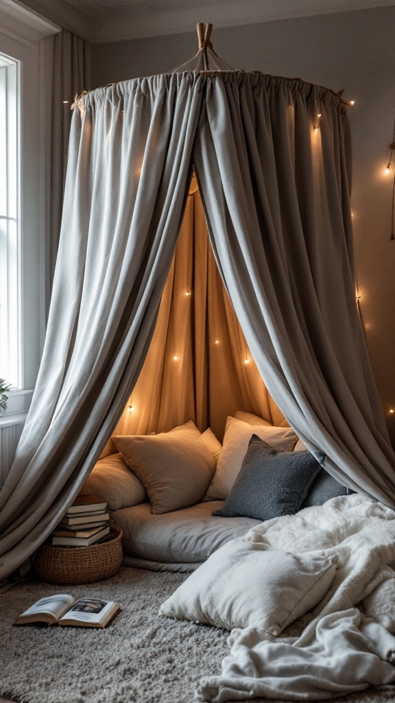 Cozy reading tent with cushions and lights, creating a whimsical space for reading.