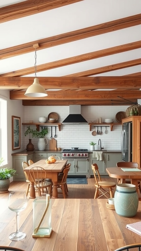 A boho kitchen featuring reclaimed wood beams and rustic furniture.