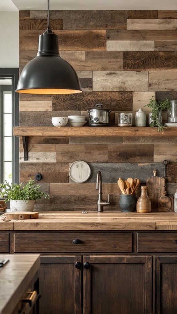 A kitchen featuring reclaimed wood panels on the wall.