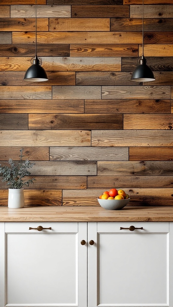 A kitchen backsplash featuring reclaimed wood panels with a bowl of fruits and white cabinets.