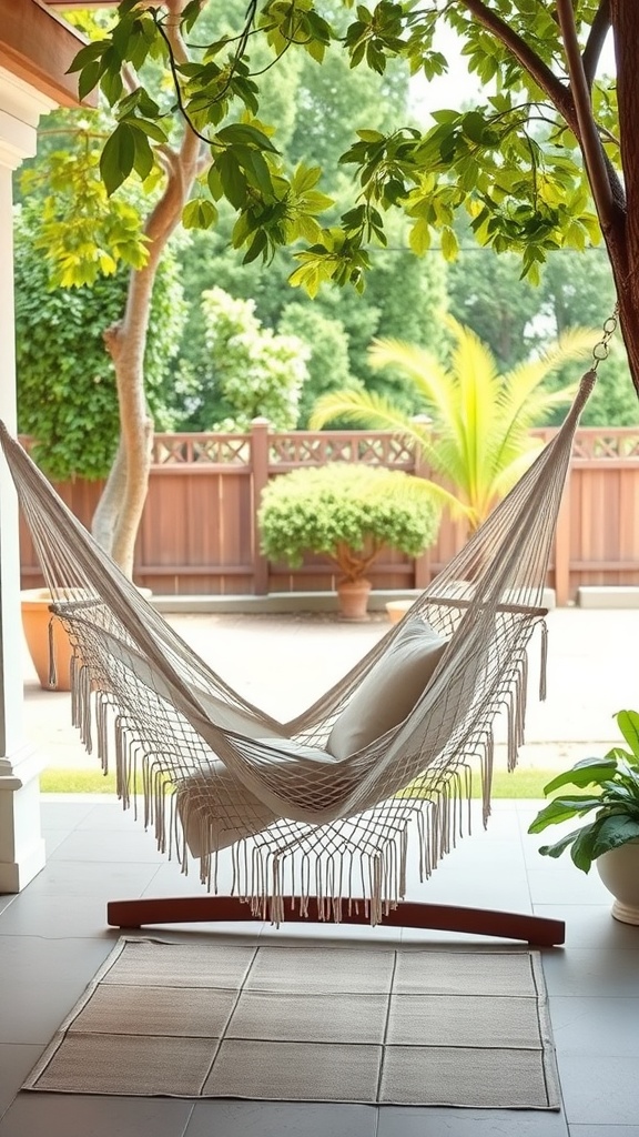 A cozy hammock setup in an indoor patio surrounded by greenery.