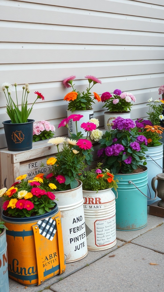 Colorful flowers in repurposed planters and containers on a patio.