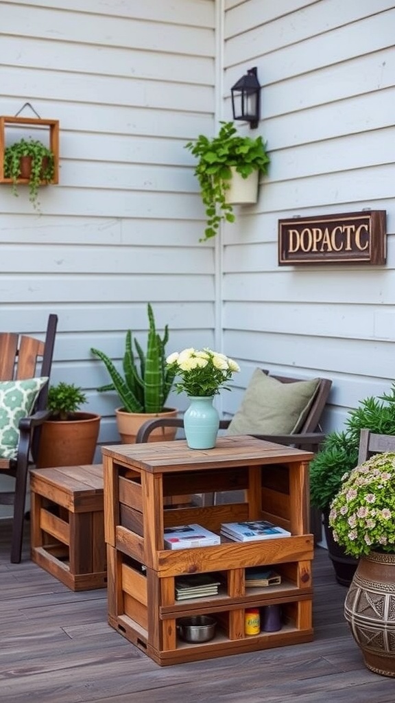 A cozy patio with repurposed wooden crates as tables, surrounded by plants.