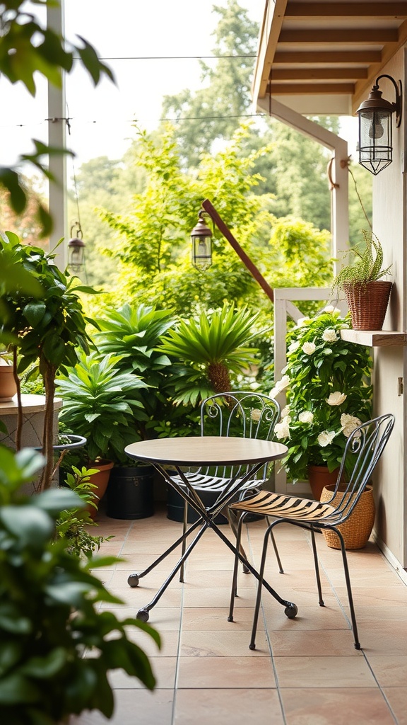 A cozy patio featuring a vintage bistro set surrounded by greenery