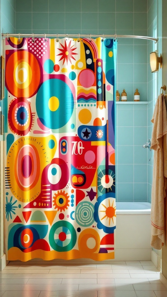 A colorful retro shower curtain with various shapes and patterns, set in a stylish bathroom.