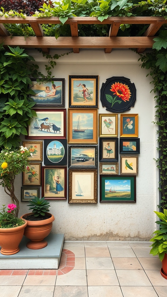 A vintage-style wall art display featuring various framed pictures and plants on a patio.