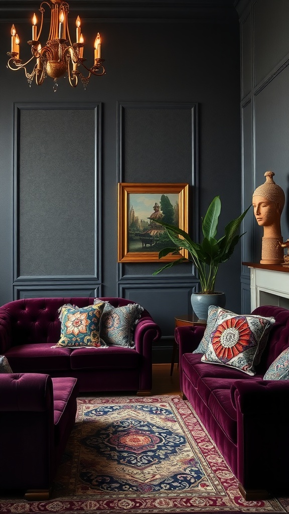 A gothic maximalism living room featuring velvet sofas in rich jewel tones with intricate pillows and a vintage chandelier.