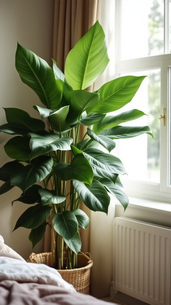 A vibrant Rubber Plant with large green leaves positioned near a window.