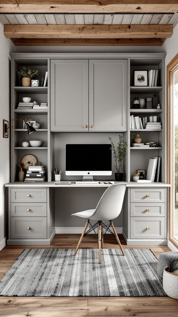 A cozy home office featuring a built-in Murphy desk with gray cabinetry and wooden beams.