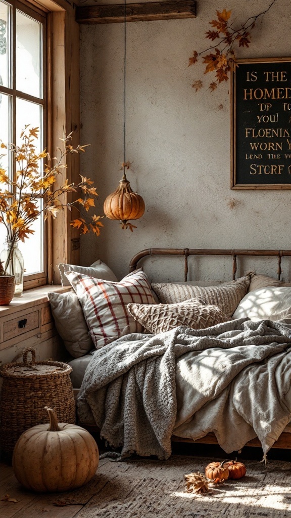 A cozy bedroom with rustic decor featuring a wooden bed, warm blankets, and autumn decorations.