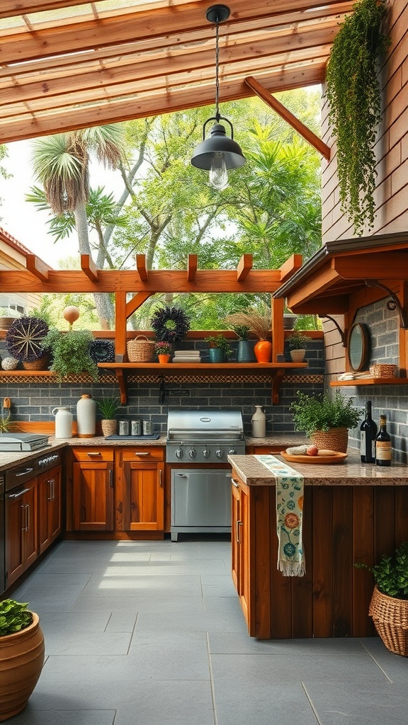 An outdoor kitchen featuring rustic wooden cabinetry and modern design elements.