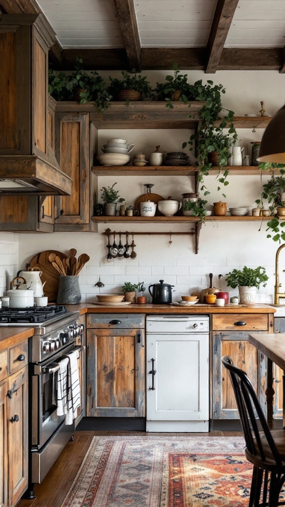 A rustic farmhouse kitchen featuring wooden cabinets, open shelving with plants, and a cozy atmosphere.