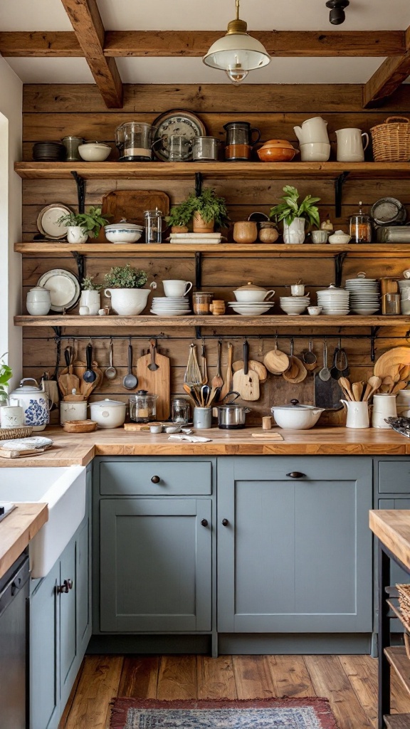 A cozy rustic kitchen with wooden shelves, various dishes, and a warm wooden countertop.