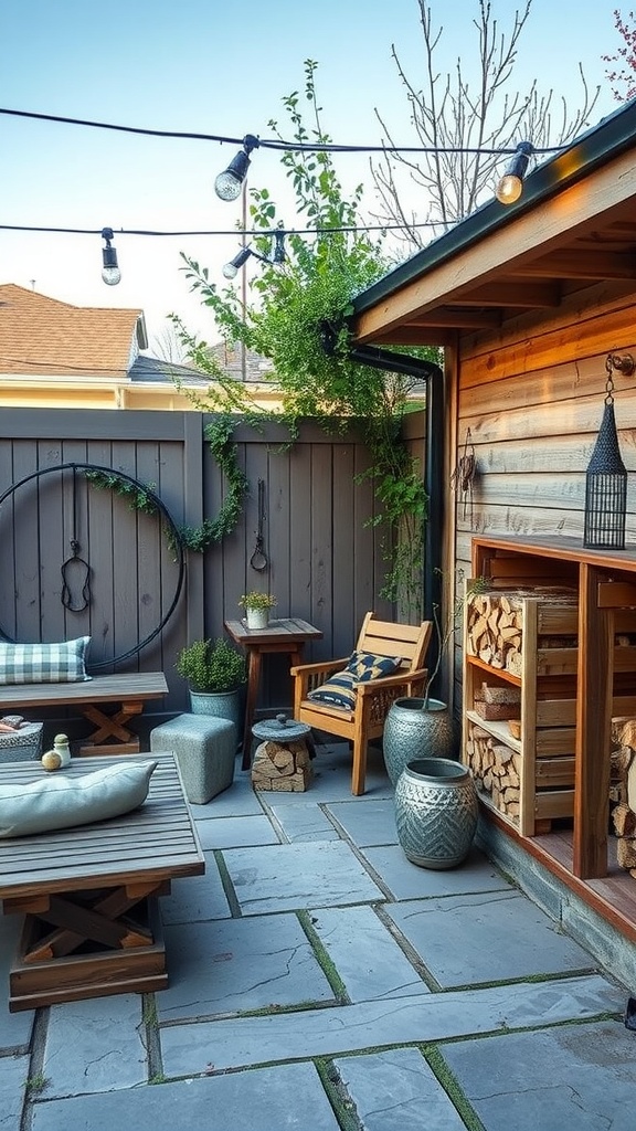 Cozy patio with rustic firewood storage and comfortable seating.