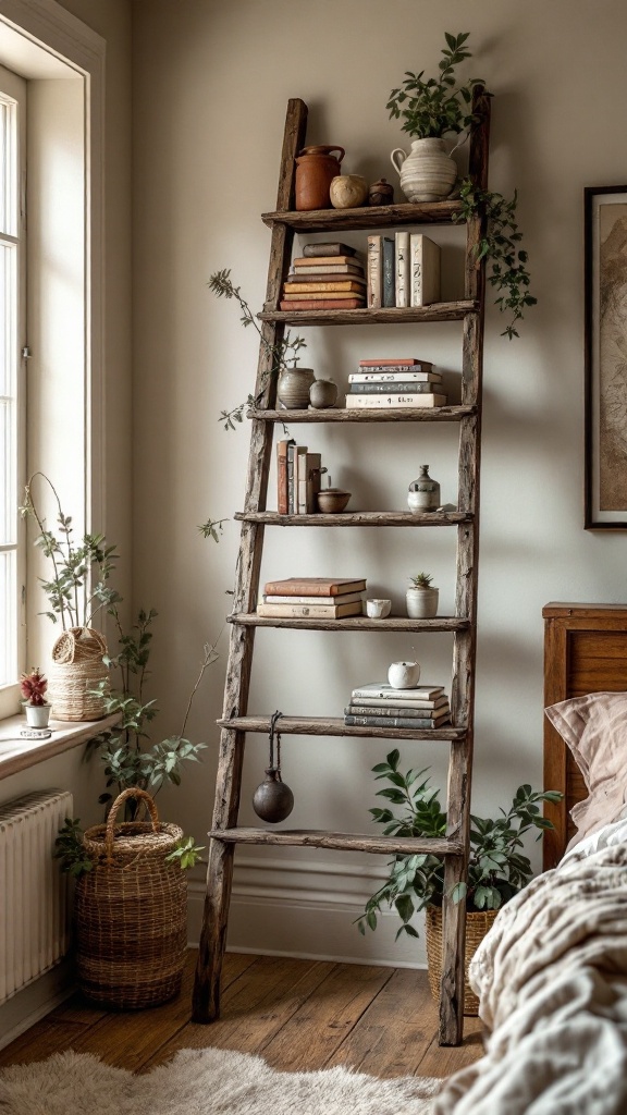 A rustic ladder bookshelf filled with books and decorative items, surrounded by plants and natural light.