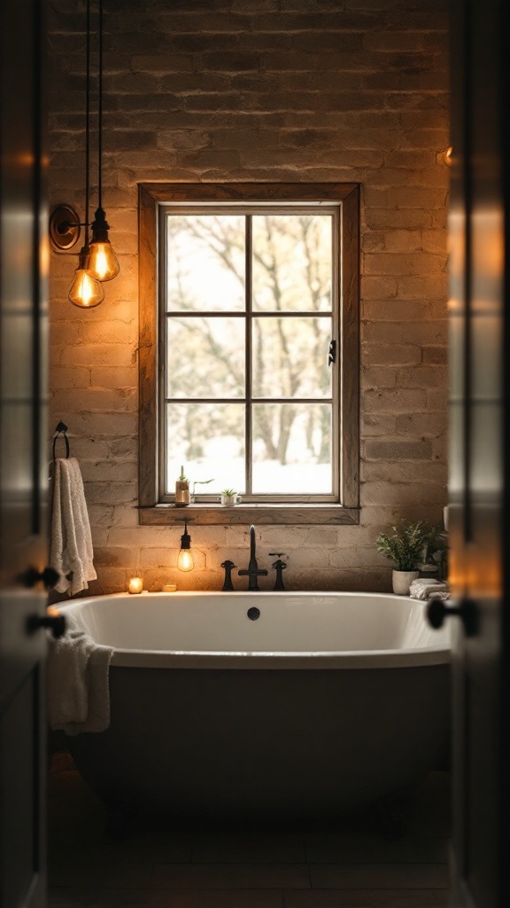 A rustic bathroom with warm lighting and a cozy atmosphere.