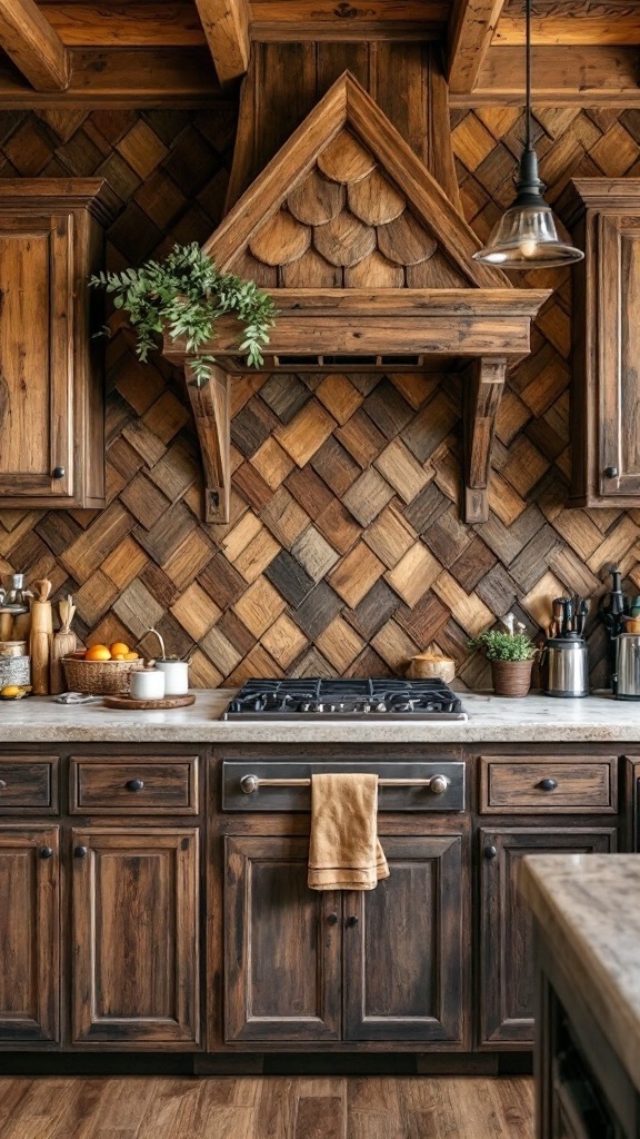 A rustic kitchen with peaked wood shingles as a backsplash.