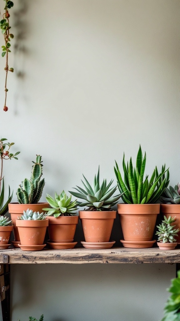 A collection of terracotta pots with various succulents on a wooden shelf against a light wall.