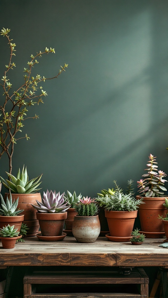 A collection of succulents in rustic terracotta pots on a wooden table against a green wall