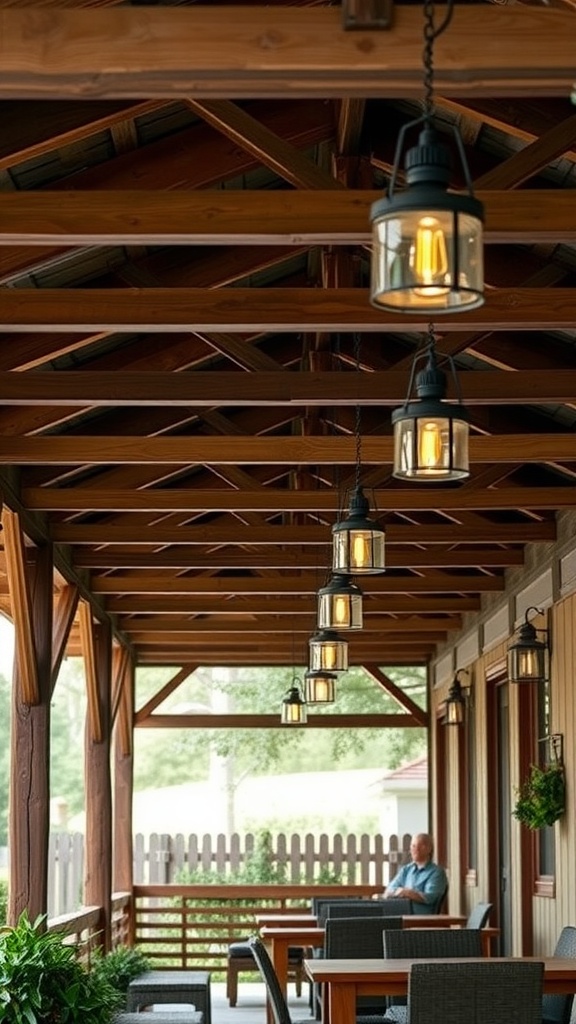 Rustic wood beam lights hanging on a porch with a person sitting at a table