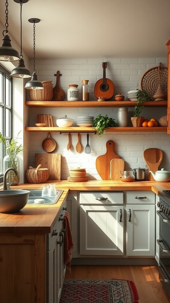 A cozy kitchen featuring rustic wood countertops, white cabinets, and open shelves with kitchenware.