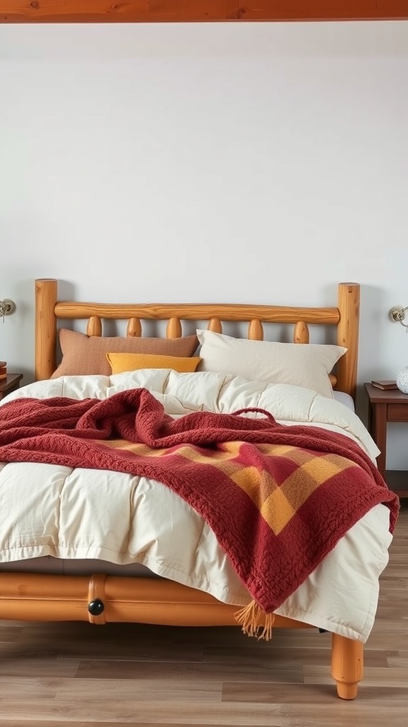 A cozy bedroom featuring a rustic wooden bedframe with a warm blanket and pillows.