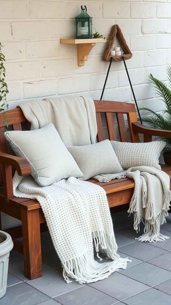 A rustic wooden bench adorned with soft pillows and throws, set against a light brick wall.