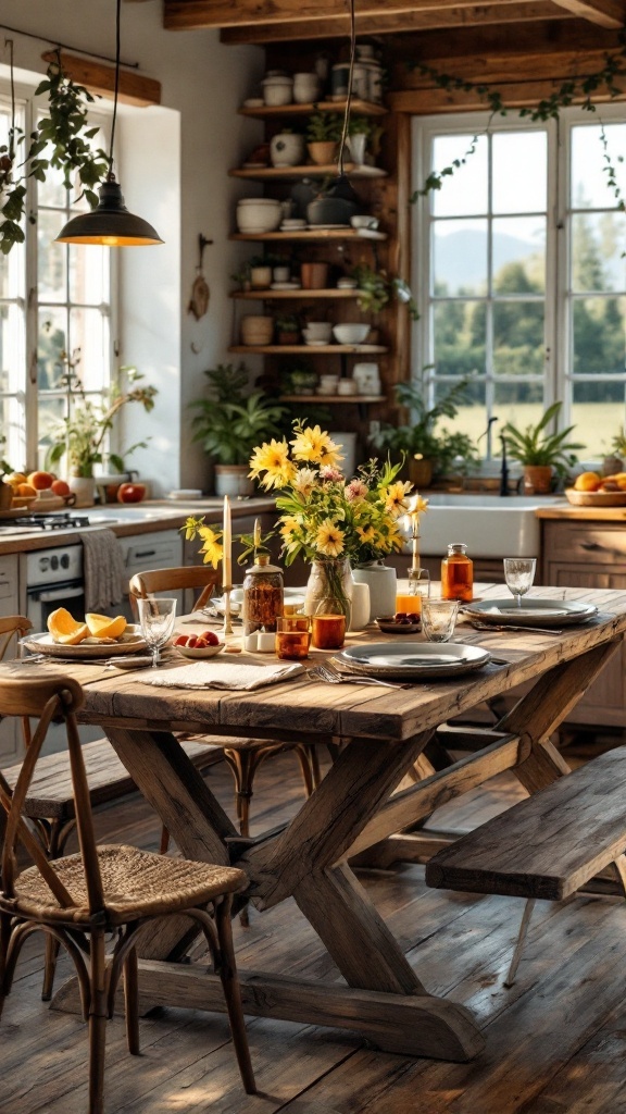 A rustic wooden table set in a cozy farmhouse kitchen nook, surrounded by soft green walls and cheerful decor.