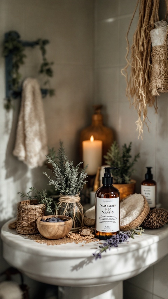 A cozy bathroom setting featuring sage and Palo Santo on a sink with candles and natural decor.