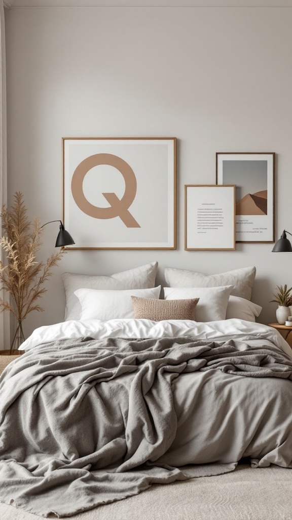 A cozy Scandinavian bedroom featuring neutral-toned bedding, framed art, and decorative plants.