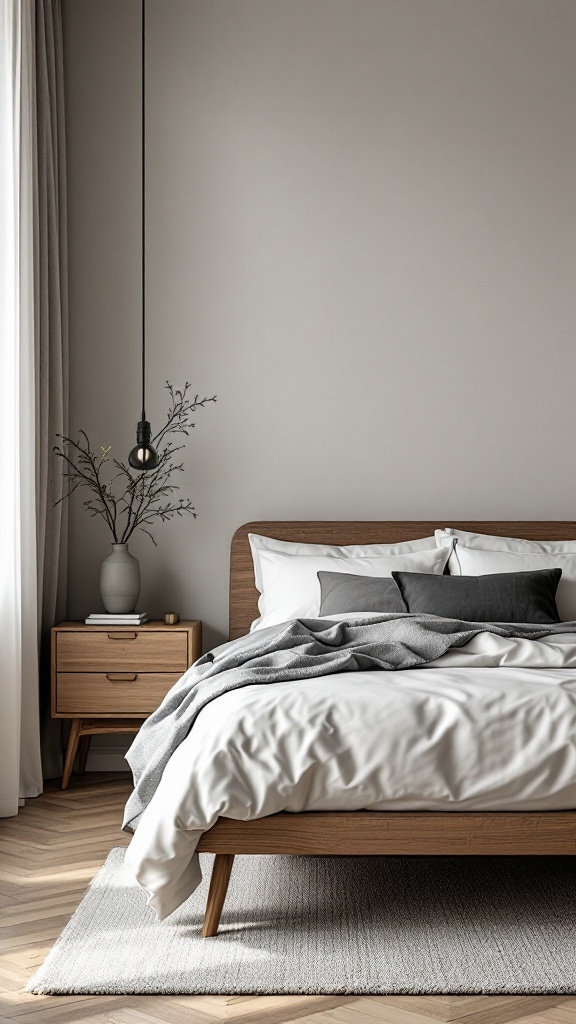 A minimalist Scandinavian bedroom featuring a wooden bed frame, soft bedding, and natural decor.