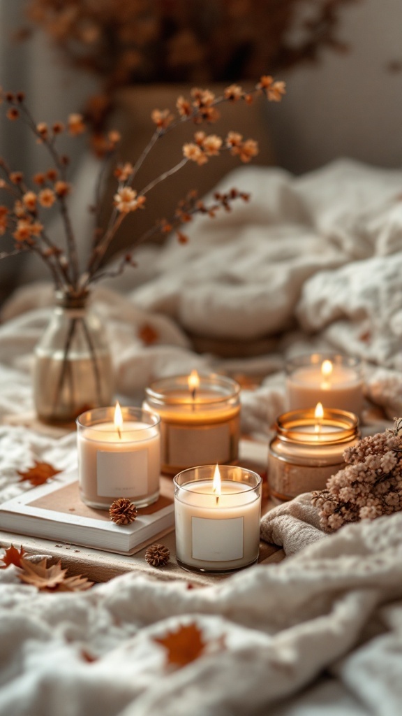 A cozy setup with several scented candles glowing softly on a bed with a fluffy blanket and autumn decorations.