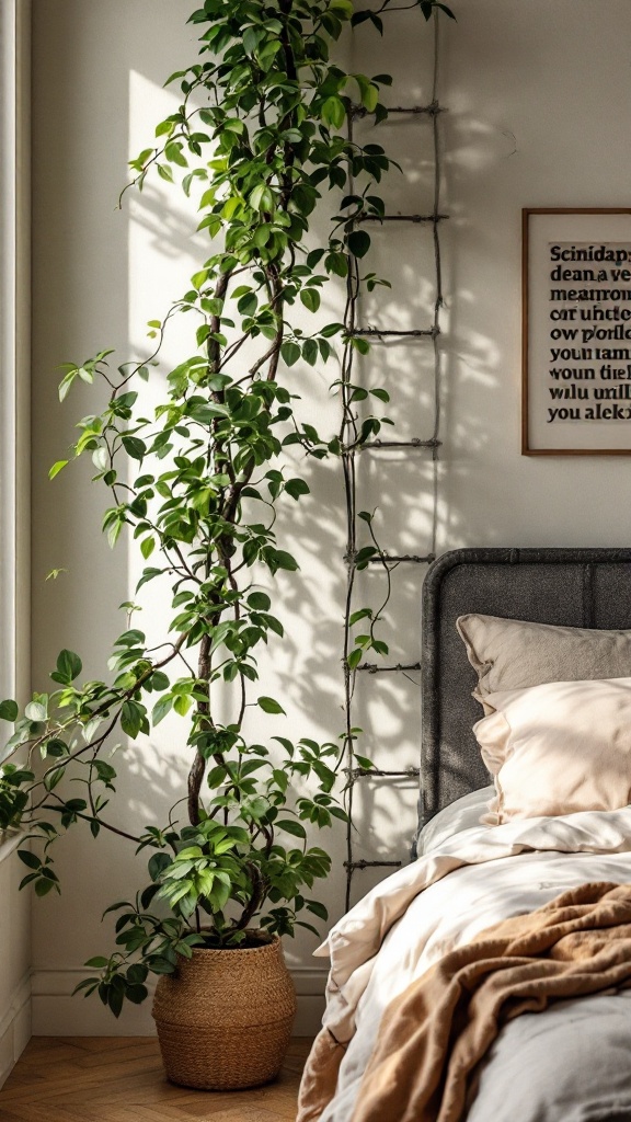 A Scindapsus plant climbing a ladder next to a bed in a well-lit room.