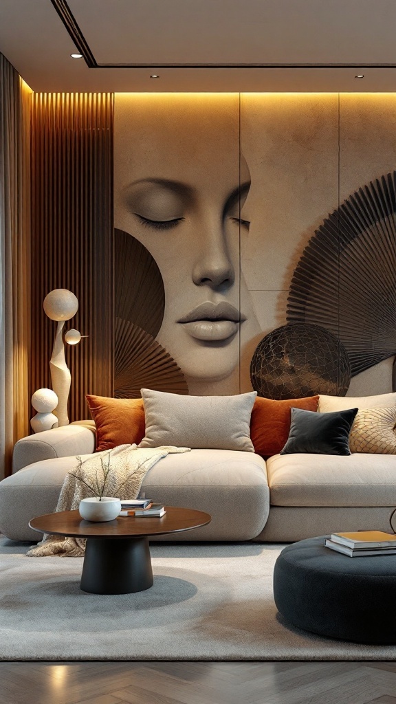 A stylish and eclectic living room featuring sculptural elements, including a unique wall art design and artistic furniture.