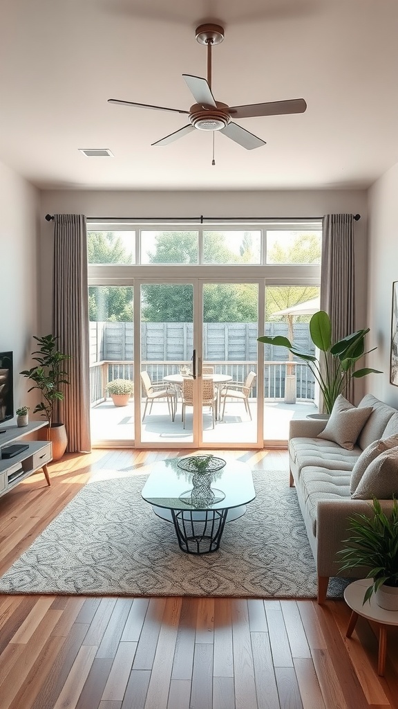 Modern living room with large windows and a view of the outdoor patio.