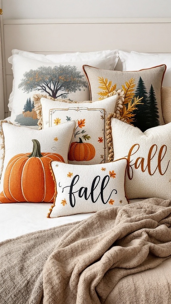 A collection of fall-themed accent pillows featuring pumpkins and floral designs.