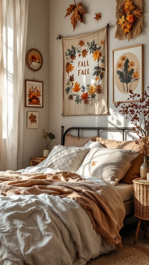 A cozy bedroom with fall-themed wall art and warm bedding.