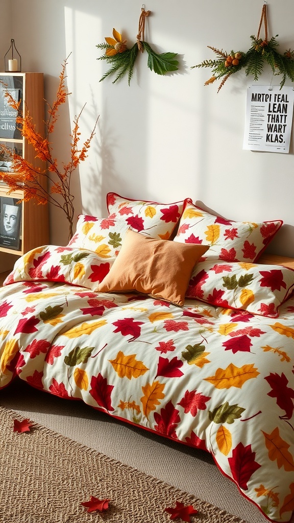 A cozy fall bedroom with bedding featuring autumn leaves and warm colors.