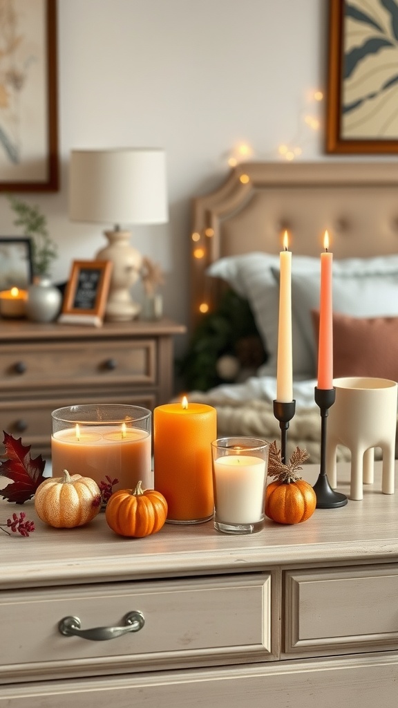 A cozy fall bedroom with candles and pumpkins on a dresser.