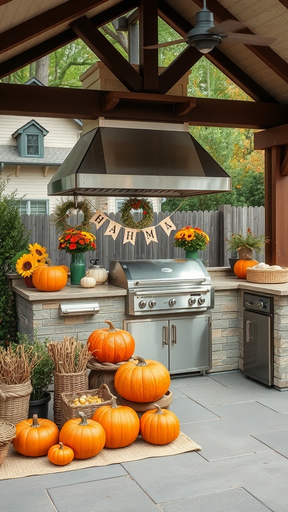 Outdoor kitchen decorated for fall with pumpkins and flowers