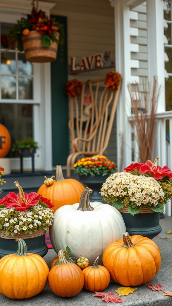 A cozy fall-themed patio decorated with pumpkins and colorful flowers.