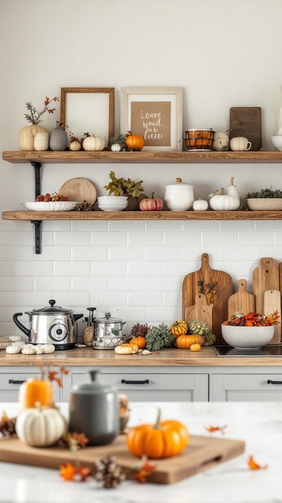 Farmhouse kitchen with seasonal decor, featuring pumpkins and autumn leaves on a rustic table.