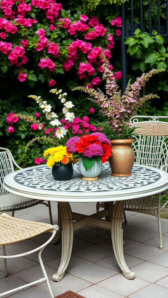 A beautiful patio table adorned with colorful seasonal flower arrangements against a backdrop of blooming plants.