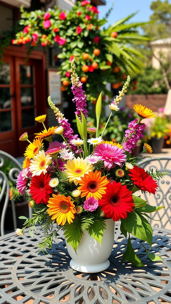 Colorful seasonal flower arrangement in a white vase on a patio table.