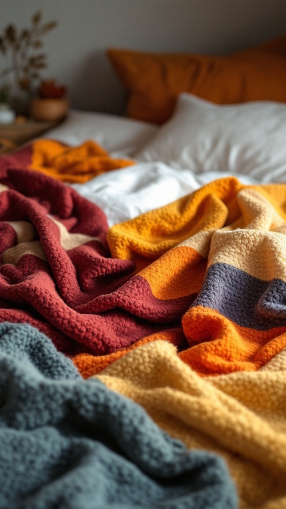 Cozy throw blankets in autumn colors on a bed