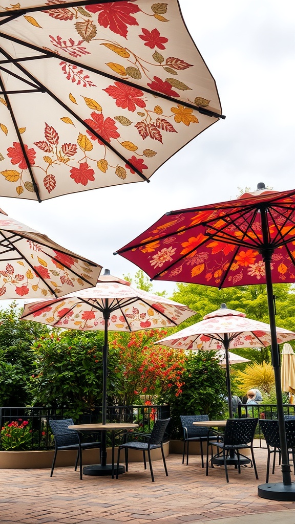 Patio umbrellas with fall leaf patterns in warm colors