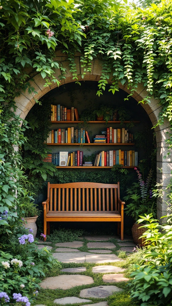 A serene reading alcove in a garden with a wooden bench, bookshelves filled with colorful books, and lush greenery.